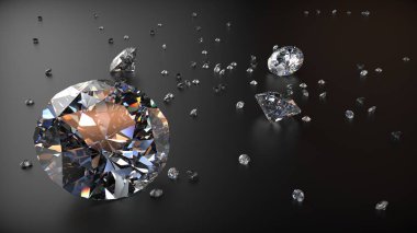 Temiz elmaslar grubu siyah mat masasında. 3d oluşturma