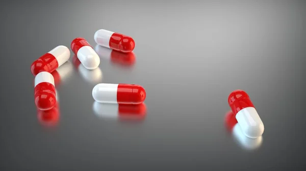 Gri metalik yüzeyde altı kırmızı kapsül hapı. 3d hazırlayıcı
