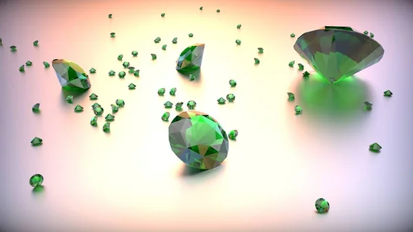 Green gemstones on light gradient surface. 3d render