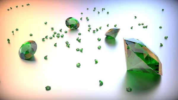 Green gemstones on light gradient surface. 3d render