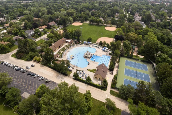 Aerial of Community Swimming Pool and Baseball Diamonds — Stock Photo, Image