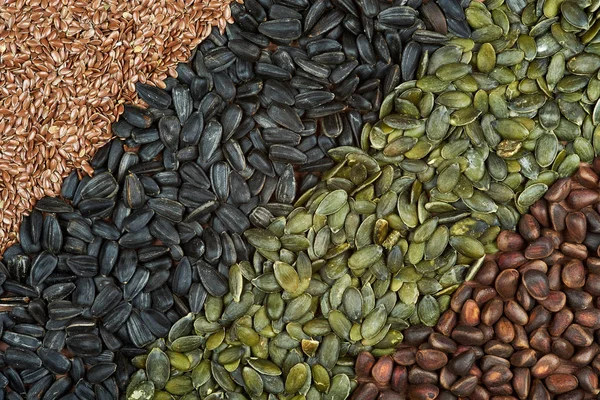 Tekstury o zmiennym, nasiona słonecznika, Orzeszki piniowe, siemię lniane i nasiona dyni. — Zdjęcie stockowe