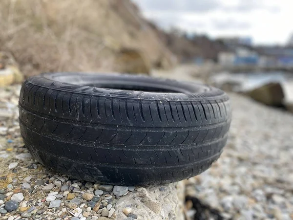 Car service. Car wash. Tires service. Landscape with tires on beach 2020