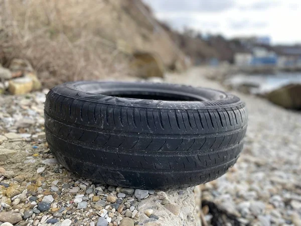 Car service. Car wash. Tires service. Landscape with tires on beach 2020