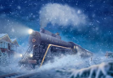 The polar express old fairy train, a snowy landscape, little boy see off or meet the train. Fantasy Photo manipulation Christmas picture, night illustration 2020. A tramp sitting on the roof of train
