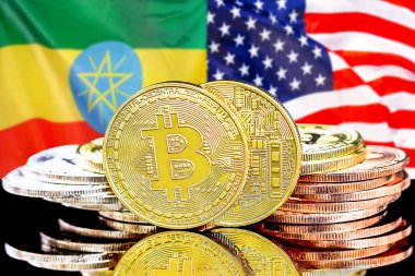 Etiyopya ve Usa bayrak arkaplanındaki bitcoinler