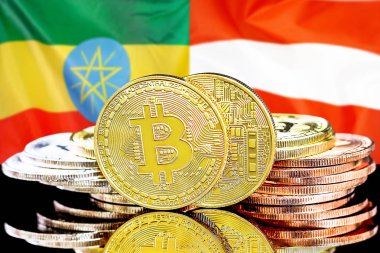 Etiyopya ve Avusturya bayrak arkaplanındaki Bitcoinler