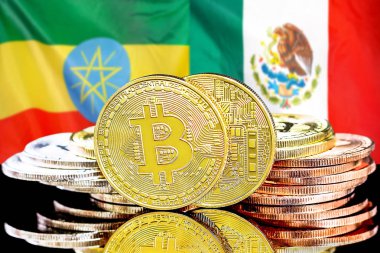 Etiyopya ve Meksika bayrak arkaplanındaki bitcoinler