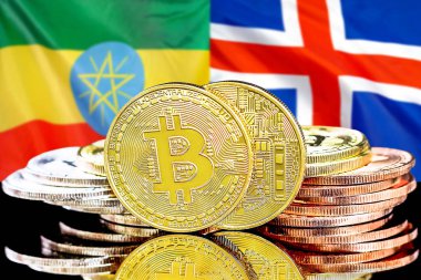 Etiyopya ve İzlanda bayrak arkaplanındaki bitcoinler