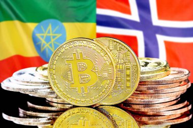 Etiyopya ve Norveç bayrak arka planında Bitcoins