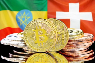 Etiyopya ve İsviçre bayrak arkaplanındaki bitcoinler