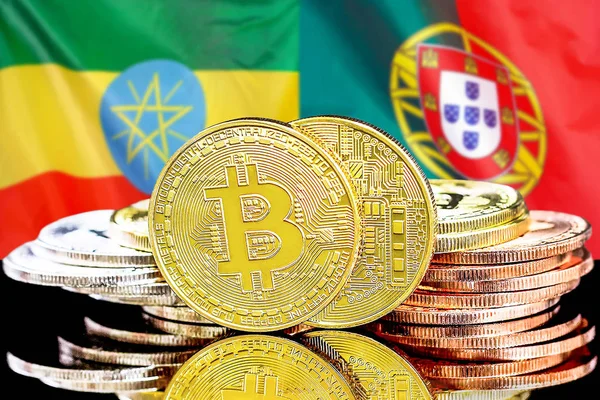 Bitcoins on Ethiopia and Portugal flag background — Stock Photo, Image