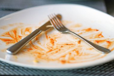 Çatal ve bıçakla dolu boş bir tabak. Yemekten sonra boş tabak..