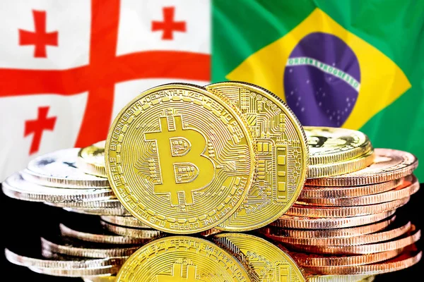 Bitcoins on Georgia and Brazil flag background — Stock Photo, Image