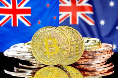 Yeni Zelanda ve Avustralya bayrak arka planında Bitcoins