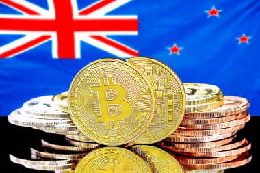 Yeni Zelanda bayrak arkaplanındaki bitcoins