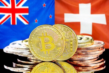 Yeni Zelanda ve İsviçre bayrak arka planında Bitcoins