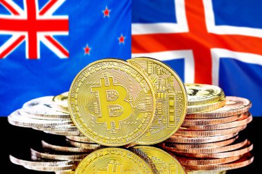 Yeni Zelanda ve İzlanda bayrak arkaplanındaki bitcoinler
