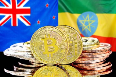 Yeni Zelanda ve Etiyopya bayrak arka planında Bitcoins