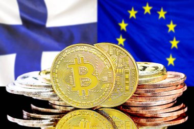 Finlandiya ve Avrupa Birliği bayraklarında Bitcoins