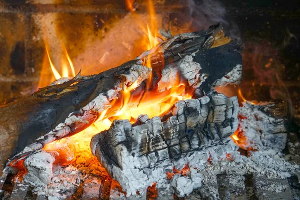 Close-up of burning logs in the fireplace