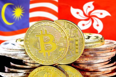Malezya ve Hong Kong bayraklarında Bitcoins.