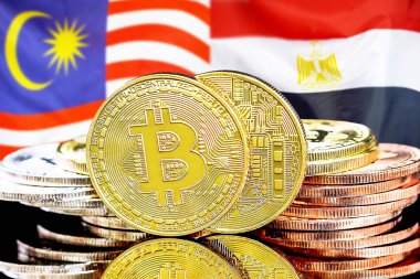 Malezya ve Mısır bayrak arkaplanındaki bitcoinler.