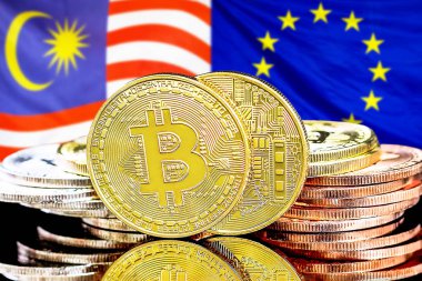 Malezya ve Avrupa Birliği bayraklarında Bitcoins.