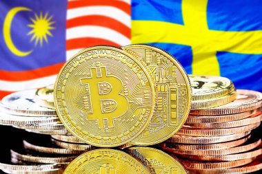Malezya ve İsveç bayraklarında Bitcoins.