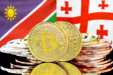 Namibya ve Gürcistan bayrağında Bitcoins.