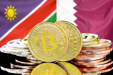 Namibya ve Katar bayrağı arkaplanındaki bitcoinler.