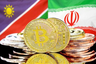 Namibya ve İran bayraklarında Bitcoins.