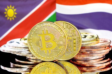 Namibya ve Tayland bayraklarında Bitcoins.