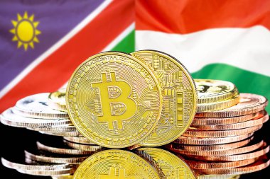 Namibya ve Macaristan bayraklarında Bitcoins.