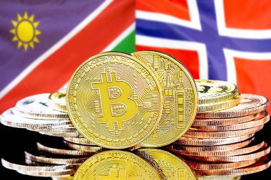 Namibya ve Norveç bayraklarında Bitcoins.