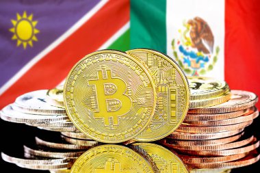 Namibya ve Meksika bayraklarında Bitcoins.