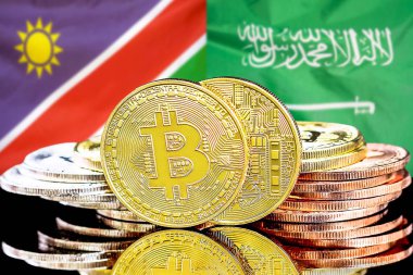 Namibya ve Suudi Arabistan bayraklarında Bitcoins.