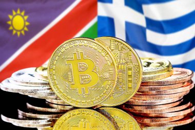 Namibya ve Yunanistan bayraklarında Bitcoins.