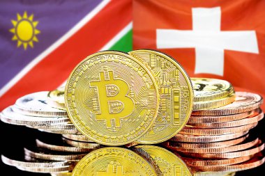 Namibya ve İsviçre bayraklarında Bitcoins.