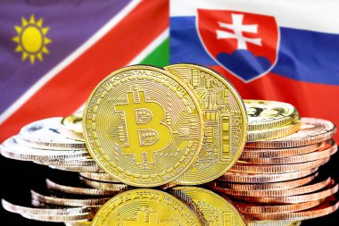Namibya ve Slovakya bayraklarında Bitcoins.