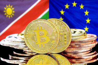 Namibya ve Avrupa Birliği bayraklarında Bitcoins.