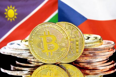 Namibya ve Çek Cumhuriyeti bayraklarında Bitcoins.