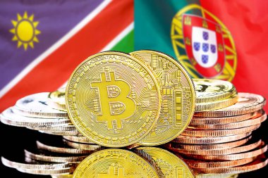 Namibya ve Portekiz bayraklarında Bitcoins.