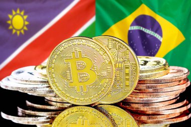 Namibya ve Brezilya bayrak arkaplanındaki bitcoinler.
