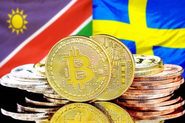 Namibya ve İsveç bayraklarında Bitcoins.