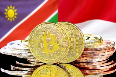 Namibya ve Monako bayrak arkaplanındaki bitcoinler.