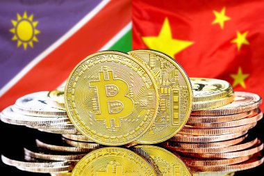 Namibya ve Çin bayraklarında Bitcoins.