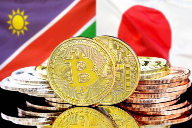 Namibya ve Japonya bayrak arkaplanındaki bitcoinler.