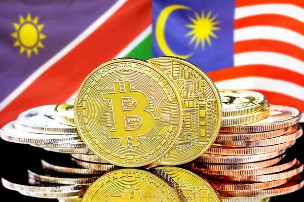 Namibya ve Malezya bayrak arkaplanındaki bitcoinler.