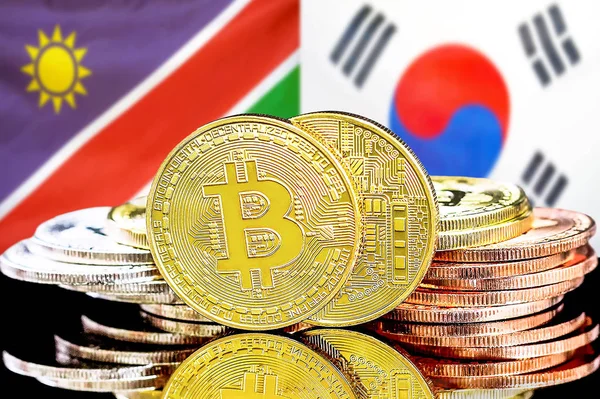 Namibya ve Güney Kore bayraklarında Bitcoins.
